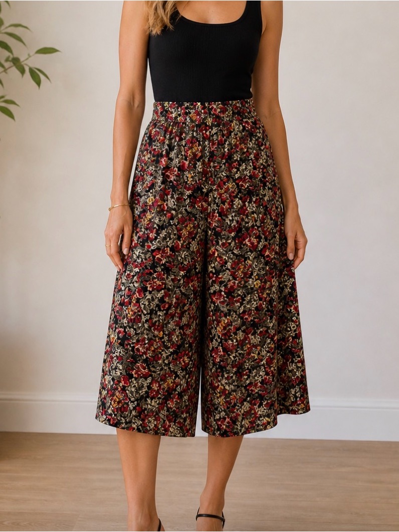 Metro New York Split Skirt Culottes Womens 24 Black Red Floral Church